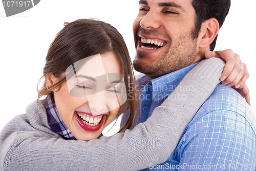 Image of Women smiling on his boyfriend shoulders