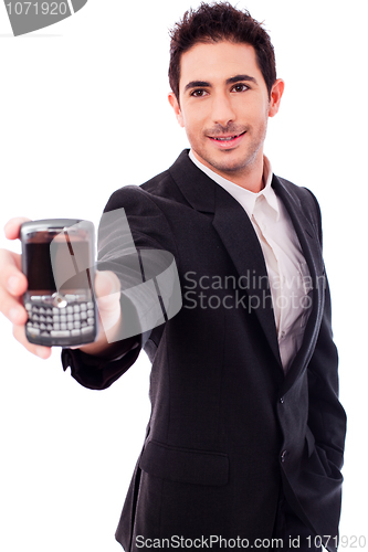 Image of Business man showing a mobile phone