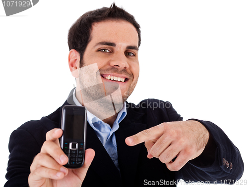 Image of Closeup shot of business man pointing at the mobile