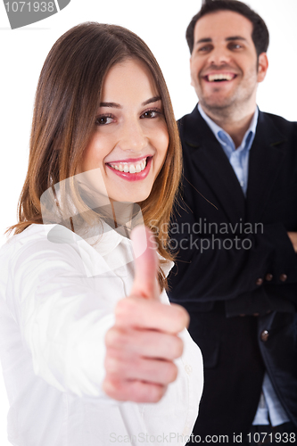 Image of Successful business colleague women showing thumbsup