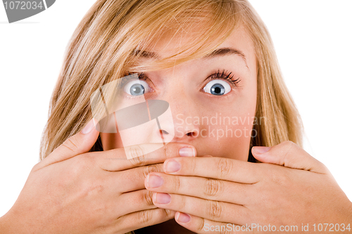 Image of Closeup of young women covering her mouth with both hands