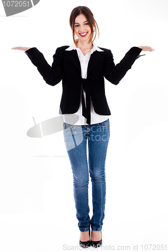 Image of Full length of women posing with her hands open up