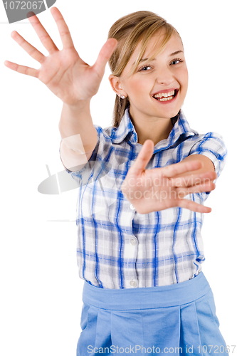 Image of Portrait of women showing her hands wide open