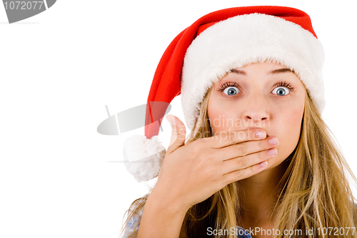 Image of Closeup of young women covering her mouth with both hands