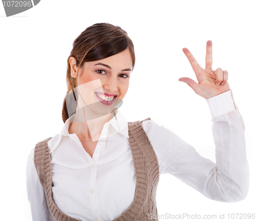Image of Beautiful young model raising her hand up and showing three fingers