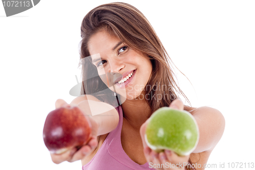 Image of closeup of a girl giving apple in both hands