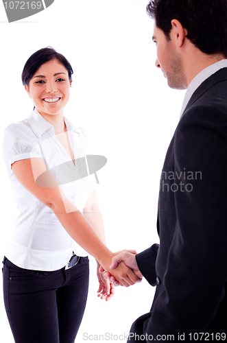 Image of Corporate woman giving shake hands