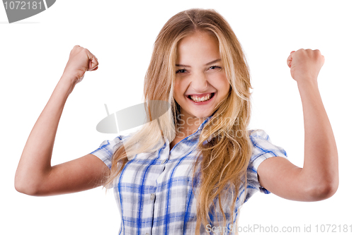 Image of Women shows her success by raising hands