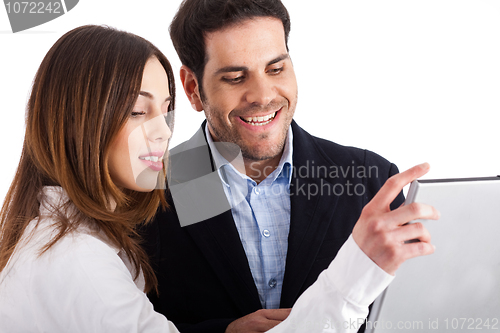 Image of Closeup of business people with laptop