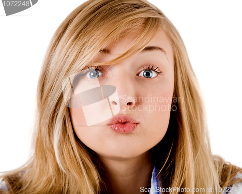 Image of young girl give kiss to the camera