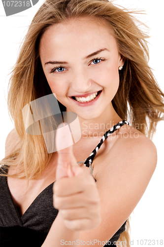 Image of Happy Young Lady Showing Thumb'S Up
