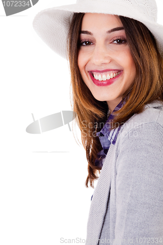 Image of Smiling brunette model side pose