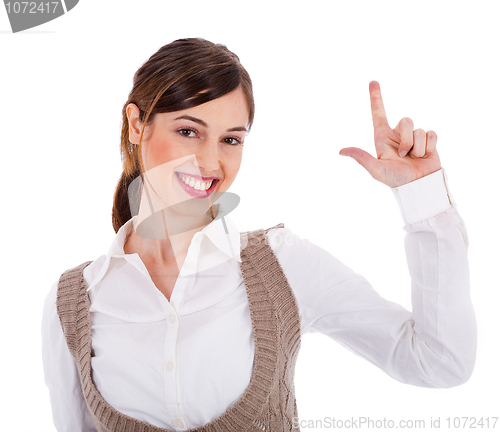 Image of Beautiful young model raising her hand up and showing two fingers