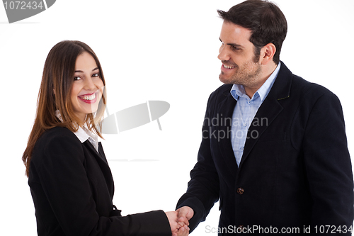 Image of Business man welcoming a women by shake hands