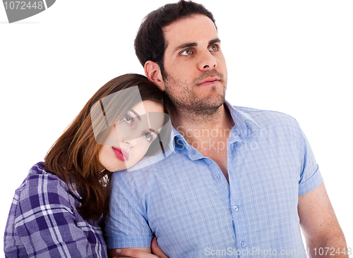 Image of Women soothing herself on her boyfriend shoulders