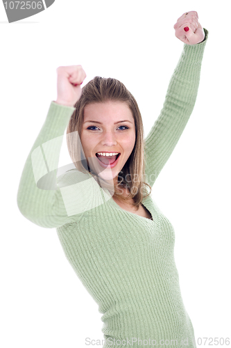 Image of Young beautiful girl showing her joy