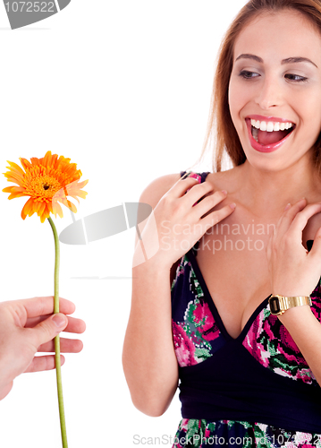 Image of Beautiful woman excited by geting sun flower