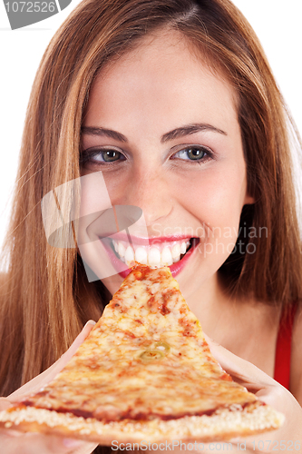 Image of Close up shot of a smiling woman eating pizza
