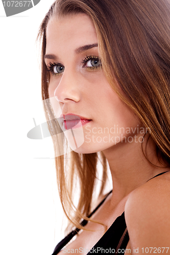 Image of Portrait of young stunning woman in side posing looking at you