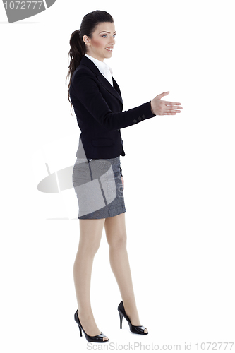 Image of Beautiful young business woman gives open hand
