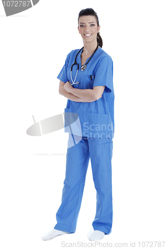 Image of Pretty young female nurse, side pose