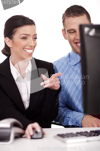 Image of Business colleague smiling while discussing