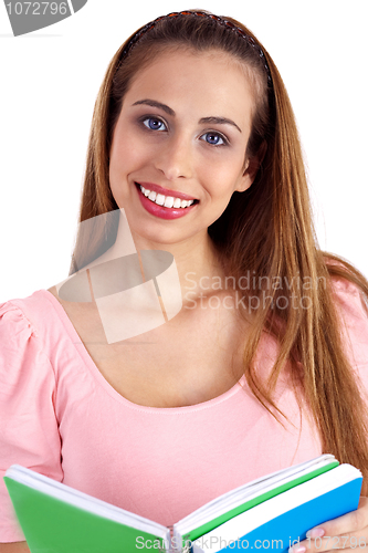 Image of Beautiful smiling woman looking at you with open book on her hand