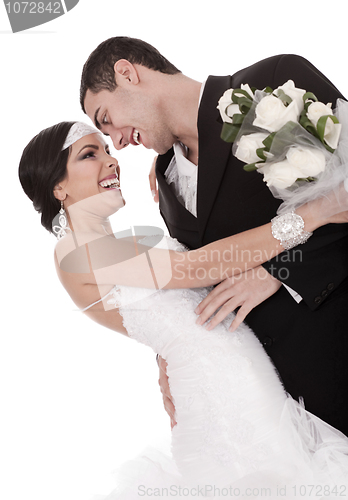 Image of Colorful shot of a bride and groom