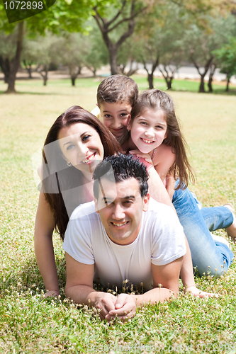 Image of Happy family lying in the grass field in park