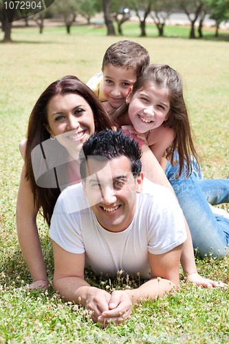 Image of Happy family lying in the grass field