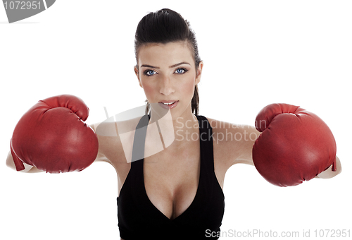 Image of Sexy female posing with red boxing gloves