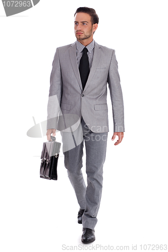 Image of Businessman carrying briefcase and walking
