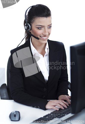 Image of Customer support woman with headset at office