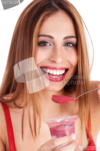 Image of Close up shot of smiling woman having ice cream