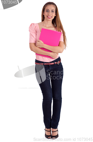 Image of Full length of pretty female student with a notebook