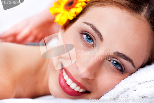 Image of Close up shot of pretty girl lying in bed