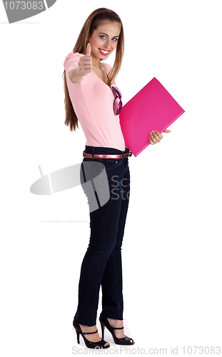 Image of Full length of pretty female student showing thumbsup