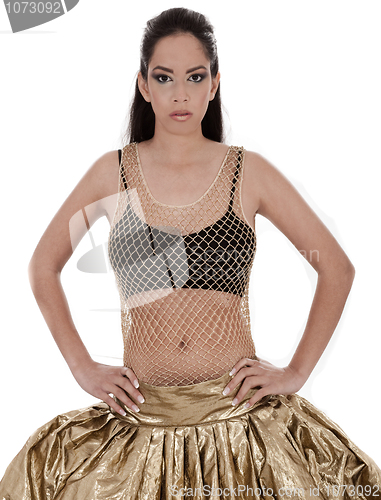 Image of Cute young female posing in belly dancer costume