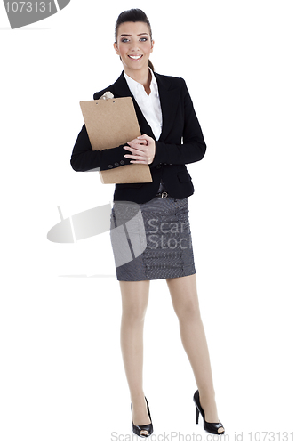 Image of Young business woman holding the clipboard
