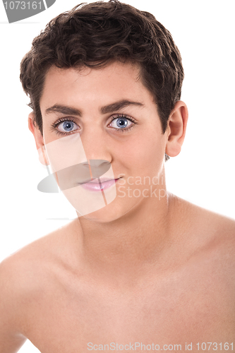 Image of Shirtless young boy smiling