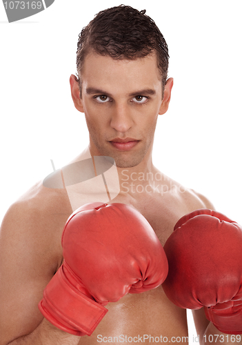 Image of Closeup of young attractive men wearing red gloves