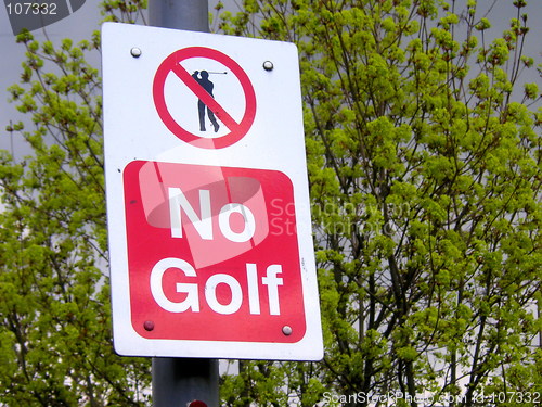 Image of no golf sign against a tree