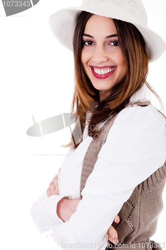 Image of Smiling brunette model side pose