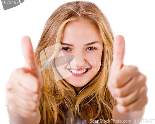 Image of Closeup of women showing thumbs up in both hands