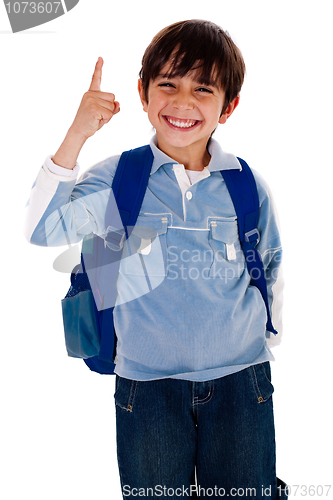 Image of Cute young boy pointing upwards