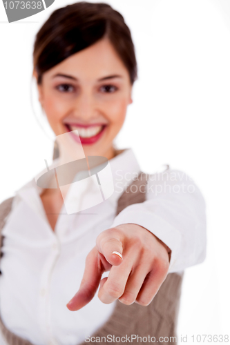 Image of young lady pointing at you