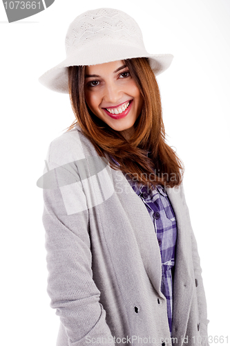 Image of Side pose of a young model smiling