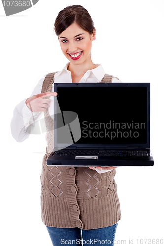 Image of woman showing laptop