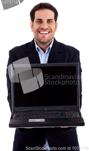Image of man showing laptop