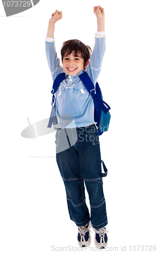 Image of School boy raising his arms in joy